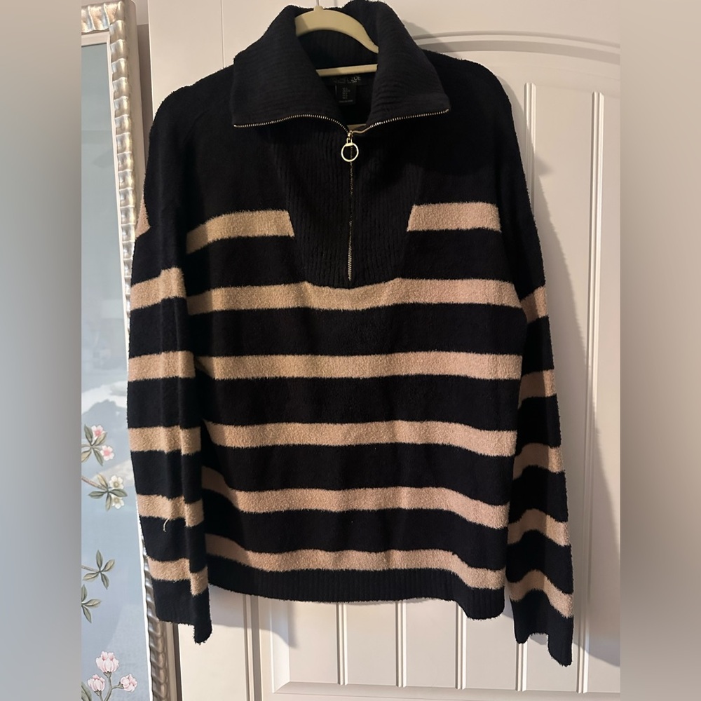 Rachel Zoe Black and Beige Striped Zip-Up Sweater sz Large